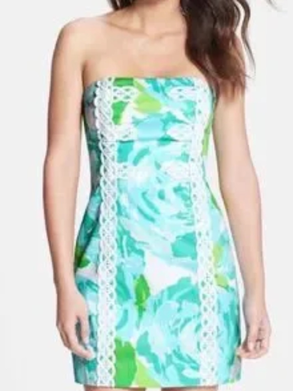 Lilly Pulitzer White Turquoise Green Lace Strapless Sundress 0